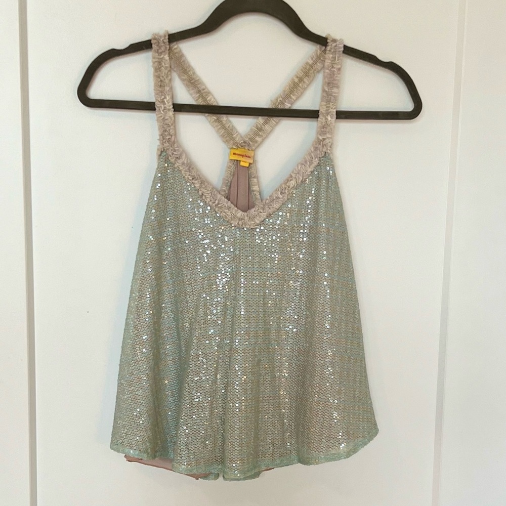 Sequin Tank Top with champagne fringe Trim